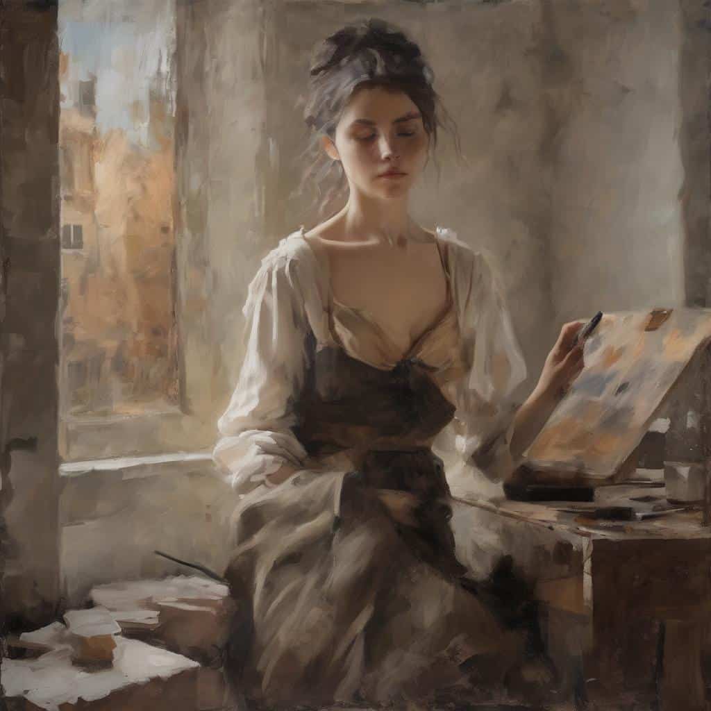 Ζυγισμένη νεαρή γυναίκα ζωγραφίζει σε καμβά σε εσωτερικό χώρο, τέχνη στον σύγχρονο κόσμο, δημιουργικότητα και εκφραστικότητα, η ανάγκη για τέχνη.