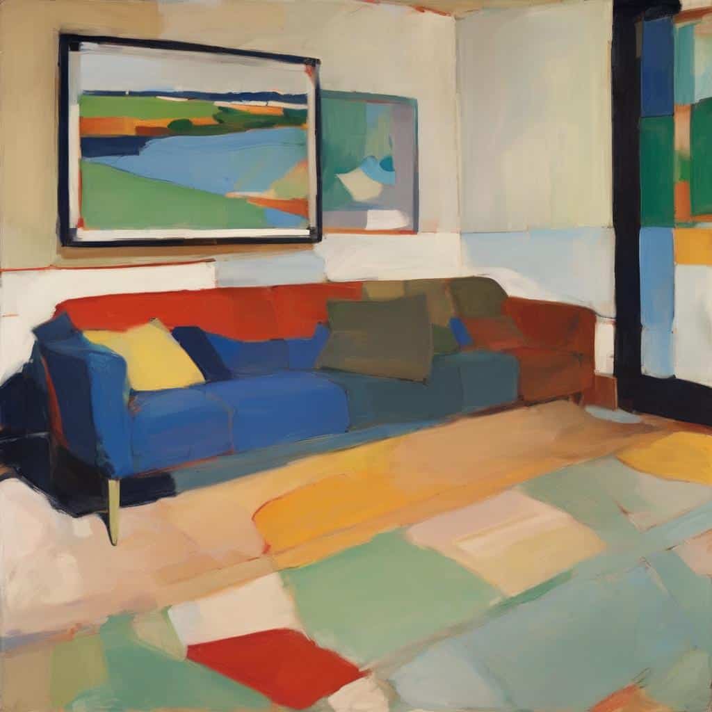 Ζωγραφική εσωτερικού χώρου με καναπέ, πίνακες και πολύχρωμο χαλί, ανάδειξη της τέχνης στον σύγχρονο κόσμο.