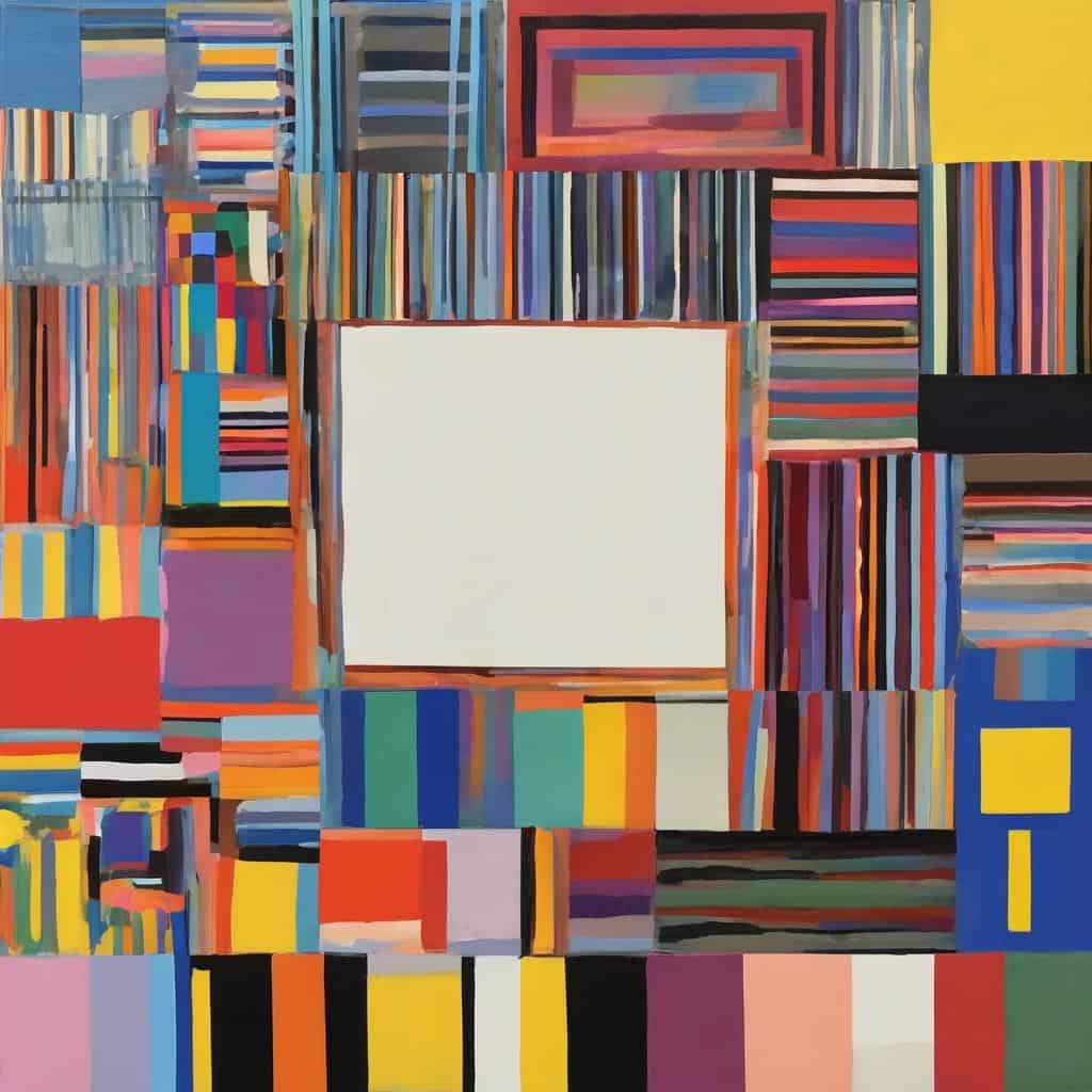 Πίνακας σύγχρονης τέχνης με πολύχρωμα γεωμετρικά σχήματα και γραμμές, εκπέμπει την ανάγκη για τέχνη στον σύγχρονο κόσμο.
