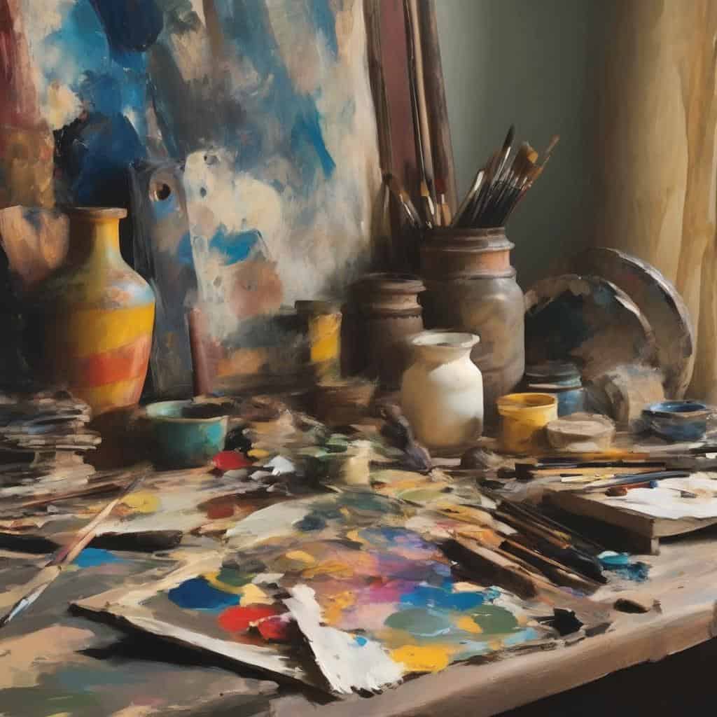 Ζωγραφικά εργαλεία και καμβάς σε καλλιτεχνικό εργαστήριο, έκφραση τέχνης στον σύγχρονο κόσμο.