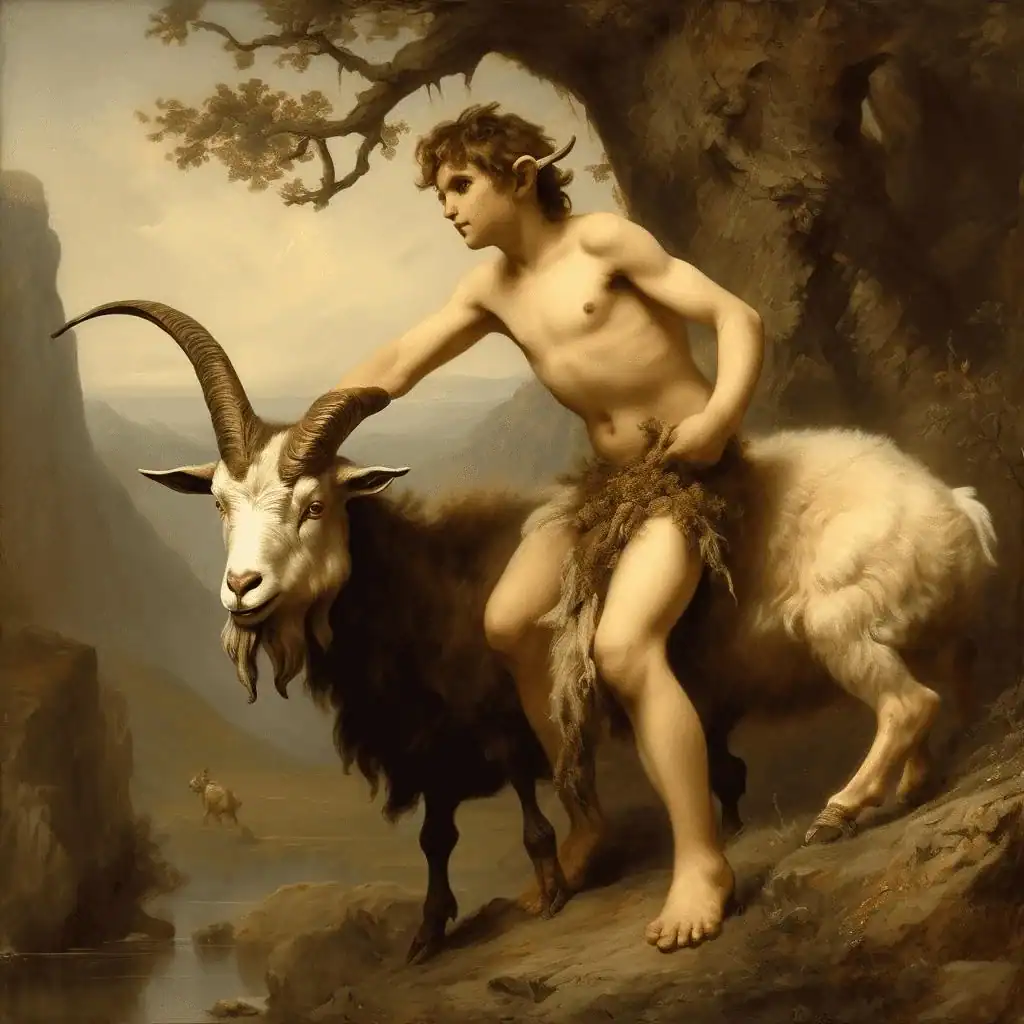 Trial of strength (satyr boy with billy goat in landscape) – Ludwig Knaus
